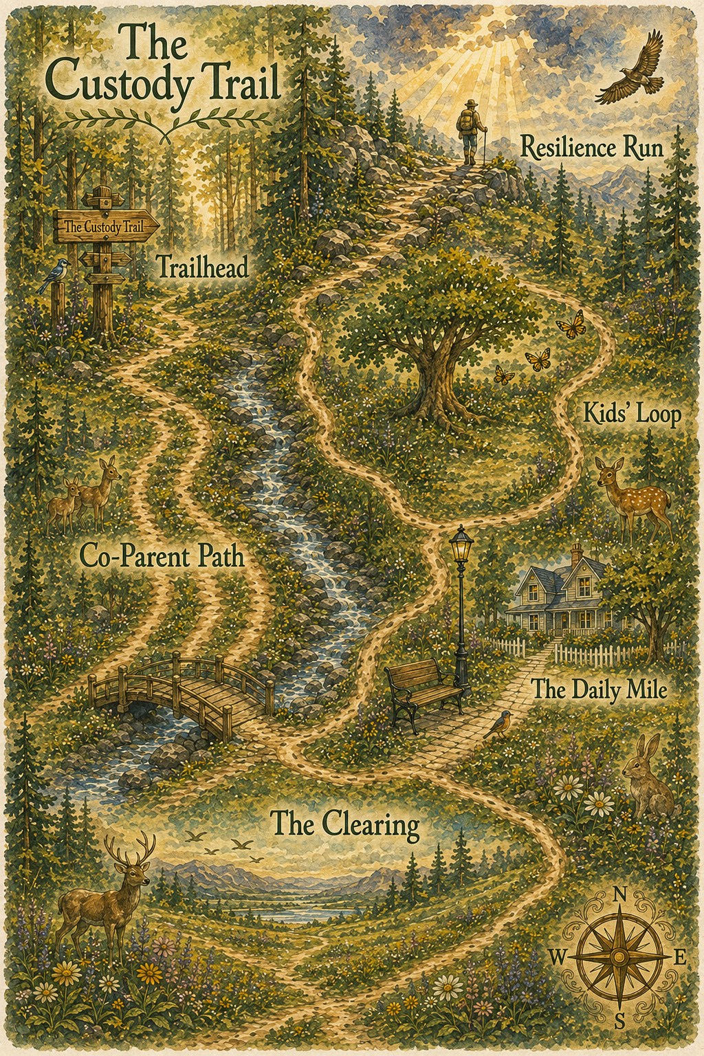 Illustrated map of The Custody Trail, showing the Trailhead, Co-Parent Path, Kids' Loop, Resilience Run, The Daily Mile, and The Clearing